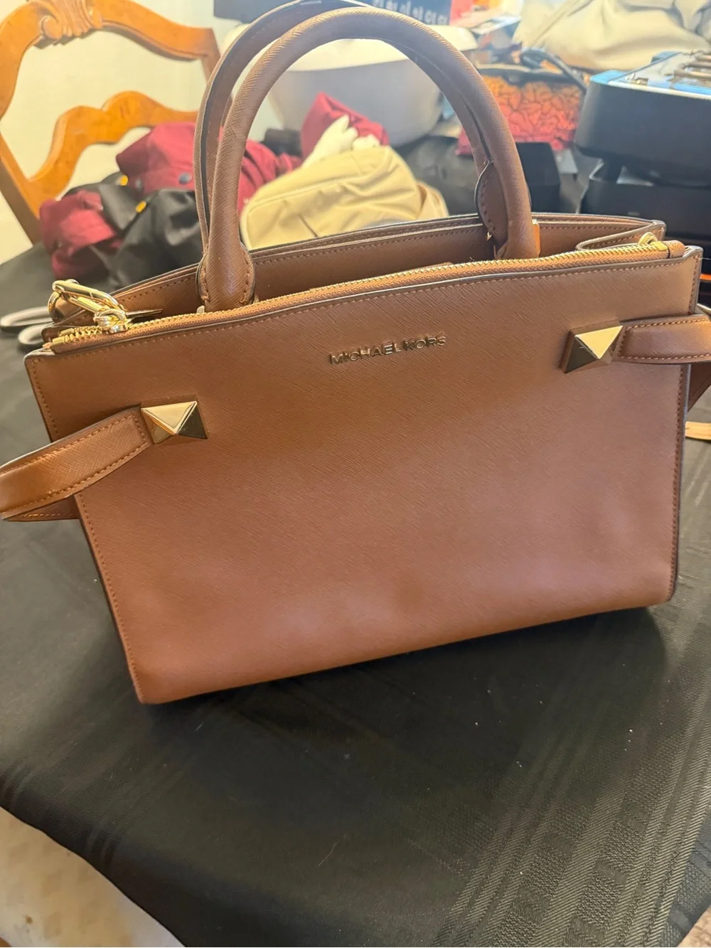 Michael Kors Cognac Saffiano Leather Satchel with Gold Accents